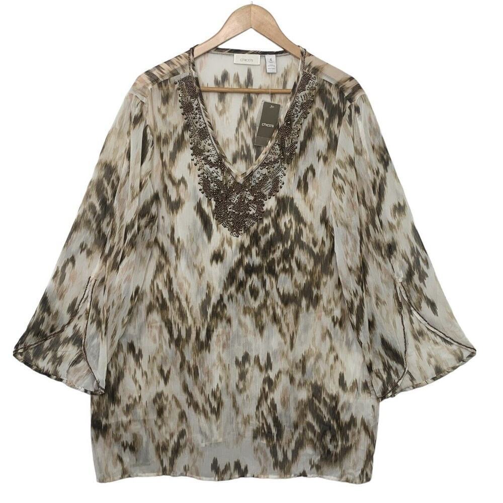 Chicos Ikat Illusion Isabella Beaded Sheer Tunic Blouse Womens XXL 20/22 NWT $99